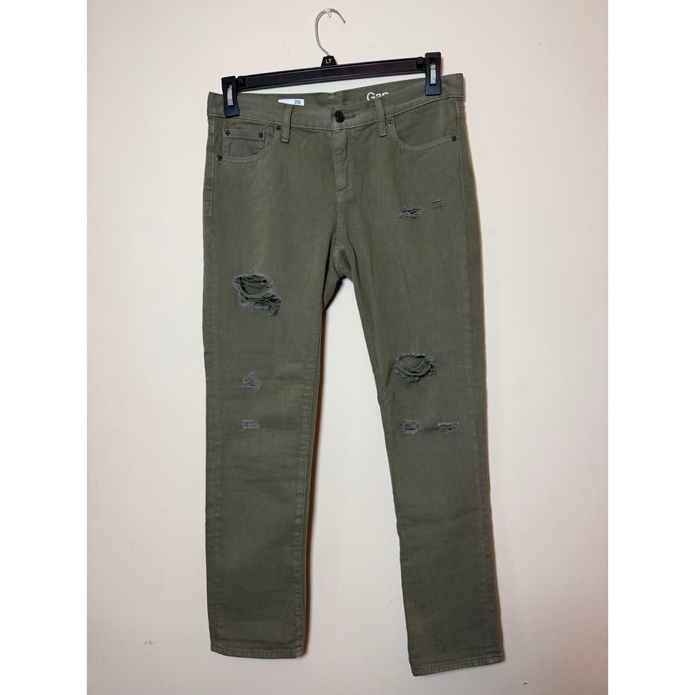 Gap 1969 Girlfriend Jeans 28 Regular Olive Green Distressed Ripped Cotton Denim